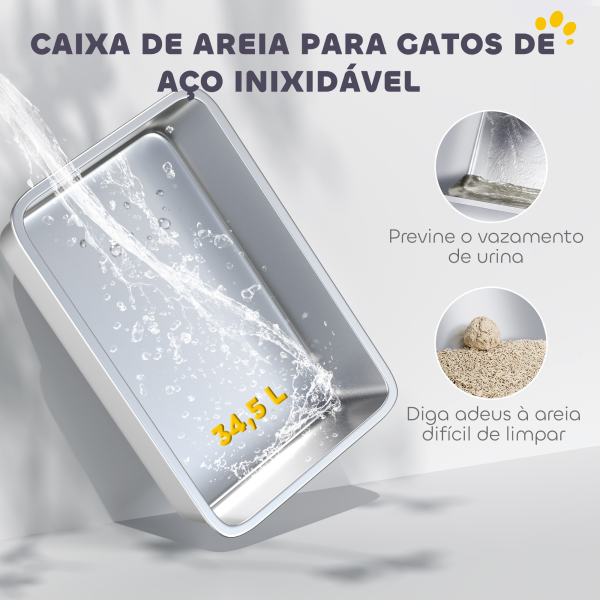 PawHut Caixa de Areia para Gatos Fechada de Aço Inoxidável com Abertura de Saída e Pá 60,2x40,5x40,5 cm Cinza Claro - Image 4