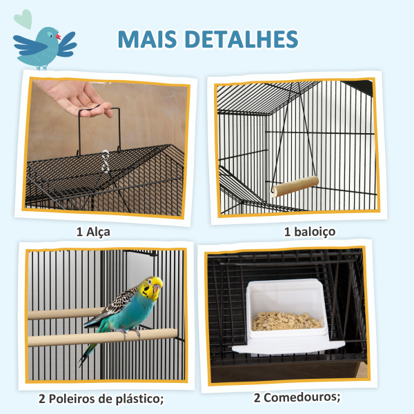 PawHut Gaiola de Metal para Pássaros com Bandeja Amovível Rodas 4 Comedouros 3 Poleiros e 1 Baloiço 50,5x41x163 cm Preto - Image 4