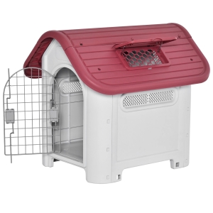 PawHut Casota para Cães com Porta Removível Base Elevada 3 Respiradouros e Janela Casota de Cães para Interior e Exterior 59x75x66cm Cinza e Vermelho