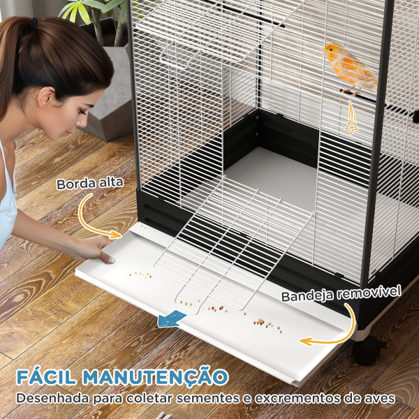 PawHut Gaiola para Pássaros Metálica com com Rodas Bandeja Amovível 4 Portas 2 Comedouros e 8 Poleiros 79x65x155 cm Preto - Image 5