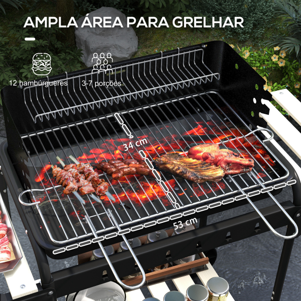 Outsunny Barbecue a Carvão com Rodas Portátil com Grelha Ajustável em Altura para Piquenique Campismo 103x47x95 cm Preto - Image 4