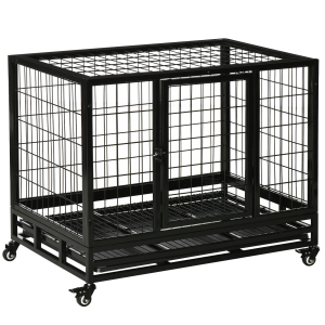 PawHut Gaiola de Metal para Cães com Rodas e Freios Bandeja Removível e Porta com Trava para Golden Retriver Labrador 92x62x75cm Preto