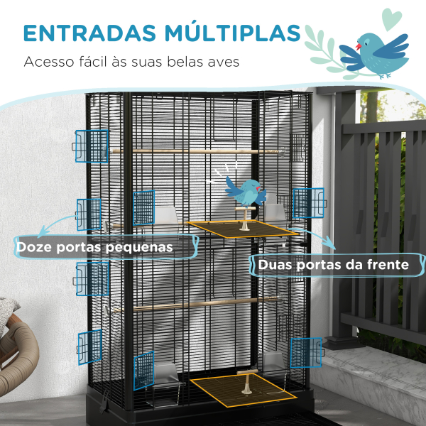 PawHut Gaiola para Pássaros 61x36,5x98 cm com Portas Poleiros Bandeja Removível e Alças para Canários Periquitos Preto - Image 5