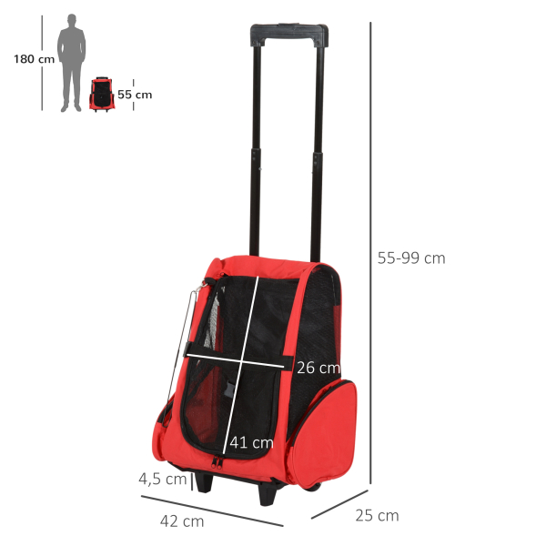 PawHut Transportadora 2 em 1 para Animais de Estimação Mochila ou Carrinho de Viagem para Cães e Gatos com 2 Rodas Alça Retrátil de Alumínio e Bolso de Armazenamento 42x25x55cm Vermelho - Image 3