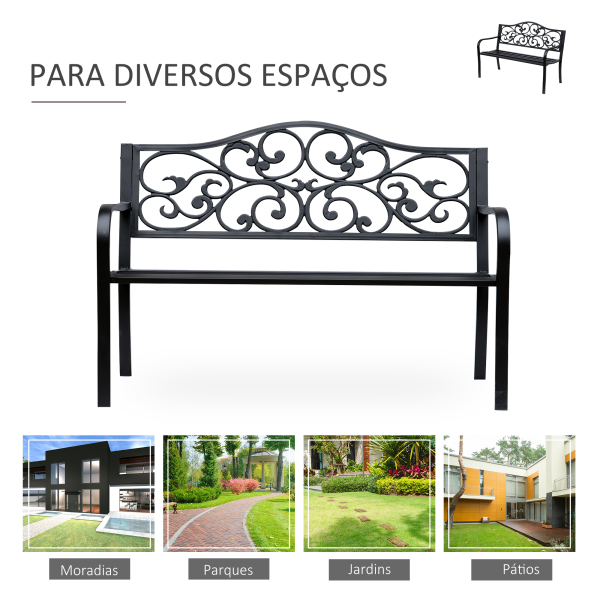 Outsunny Banco de Jardim de Aço Banco de Exterior com Encosto e Apoio para os Braços para Pátio Varanda 127x60x89 cm Preto - Image 6