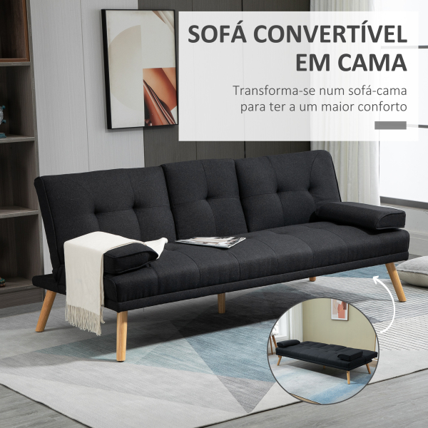HOMCOM Sofá Cama 3 Lugares com Encosto Ajustável Apoio para os Braços Desmontável e 2 Suportes para Copos 181x77x78 cm Cinza - Image 4