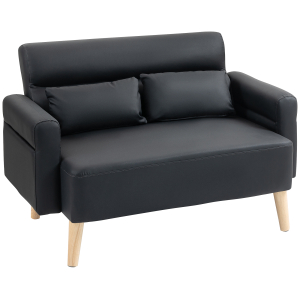 HOMCOM Sofá de 2 Lugares Estofado em Couro Sintético com Braços Acolchoados Espessos e Pés de Madeira  117x78x78 cm Preto