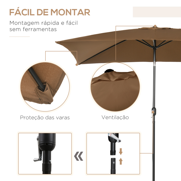 Outsunny Chapéu de Sol de Alumínio Retangular com Toldo Inclinável a Manivela e Mastro Desmontável  202x293x255 cm Marrom - Image 6