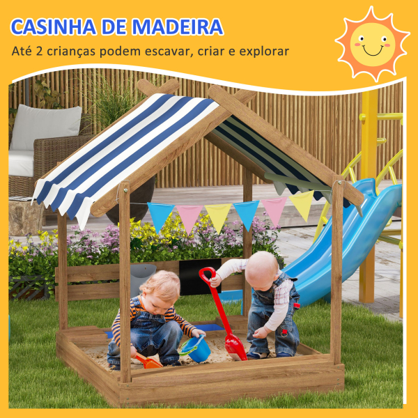 Outsunny Caixa de Areia para Crianças de Madeira com Toldo Torneira e Ardósia para Pátio Jardim 124x116x146 cm Castanho - Image 4