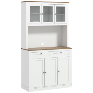 HOMCOM Armário de Cozinha com 3 Portas de Vidro Compartimento Aberto 2 Gavetas e Prateleiras Ajustáveis 100x40x180 cm Branco