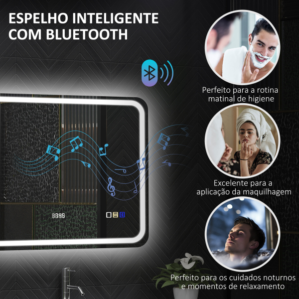 HOMCOM Espelho de Casa de Banho com Luz LED 70x50 cm Bluetooth 3 Cores de Luz Relógio Digital Função Antiembaciamento Memória Prata - Image 5