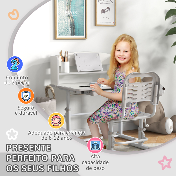 ZONEKIZ Conjunto de Secretária e Cadeira para Crianças com Altura Ajustável e Ângulo da Mesa Ajustável 80x54,5x82-104 cm Cinza e Branco - Image 4