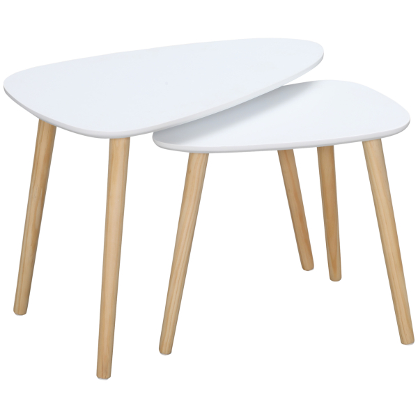 HOMCOM Conjunto de 2 Mesas Auxiliares com Pés de Madeira Mesas de Café 59,5x39,5x45cm e 44,5x28,5x40cm Branco
