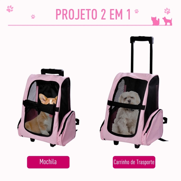 PawHut Transportadora 2 em 1 para Animais de Estimação Mochila ou Carrinho de Viagem para Cães e Gatos com 2 Rodas Alça Retrátil de Alumínio e Bolso de Armazenamento 42x25x55cm Rosa - Image 5