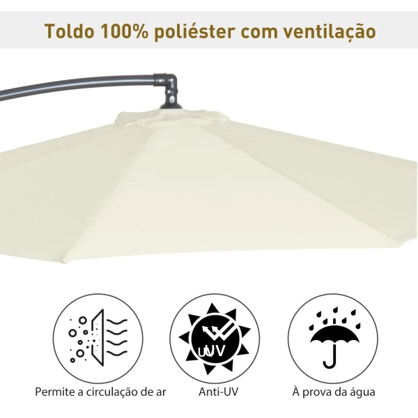 Outsunny Chapéu de Sol de Jardim Ø300x260cm Chapéu de Sol Excêntrico Inclinável com Manivela Base Cruzada e Suporte de Metal 8 Hastes para Terraço Exterior Balcão Creme - Image 7