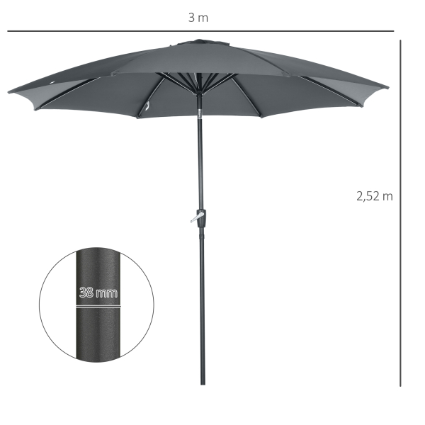 Outsunny Chapéu de Sol a Manivela com Teto Inclinável e 8 Hastes de Metal para Pátio Varanda Exterior Ø300x240 cm Cinza - Image 3
