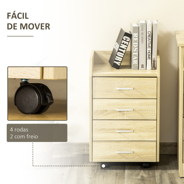 Vinsetto Bloco de Gavetas Móvel Auxiliar com 4 Gavetas Bancada Superior de Armazenamento 4 Rodas e 2 Freios para Estúdio Escritório 40x36x65cm Carvalho - Image 6