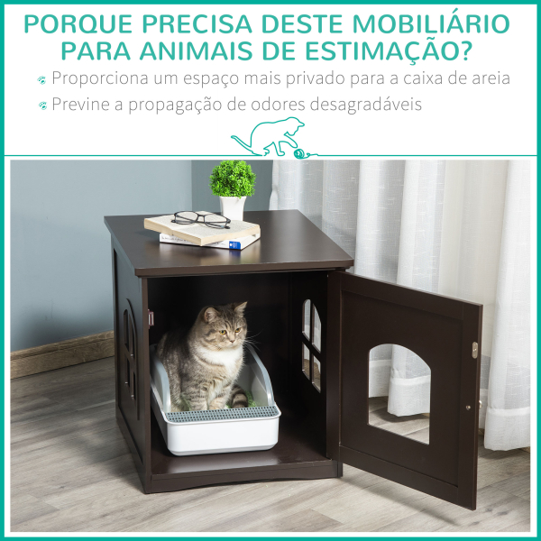 PawHut Casa para Gatos de Madeira Móvel para Caixa de Areia para Gatos 2 em 1 com Armário de Armazenamento Bancada Ampla Porta e 3 Janelas Cruzadas 48,7x53,3x53 cm Marrom - Image 4