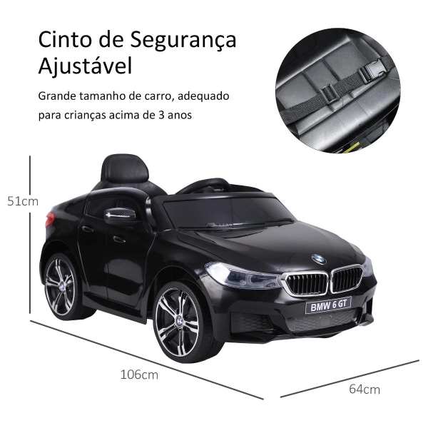 HOMCOM Carro elétrico para criança BMW 6GT para criança de 3-6 anos com controle remoto Carga 30 kg 106x64x51cm Preto - Image 3
