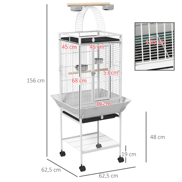 PawHut Gaiola para Pássaros com Suporte e Rodas 62,5x62,5x156 cm Ponte de Arco 2 Poleiros 4 Comedouros 2 Bandejas Removíveis - Image 3