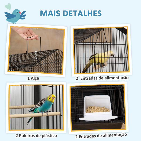 PawHut Gaiola de Metal para Pássaros com Bandeja Amovível 4 Comedouros 3 Poleiros e 1 Baloiço 50,5x41x104 cm Preto - Image 4