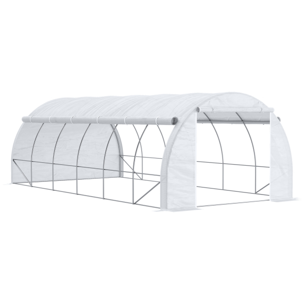 Outsunny Estufa Tipo Túnel de Jardim 6x3x2m com Porta Enrolável 12 Janelas Cobertura de PE 140g/m² e Metal Galvanizado para Cultivos de Plantas Verduras Branco