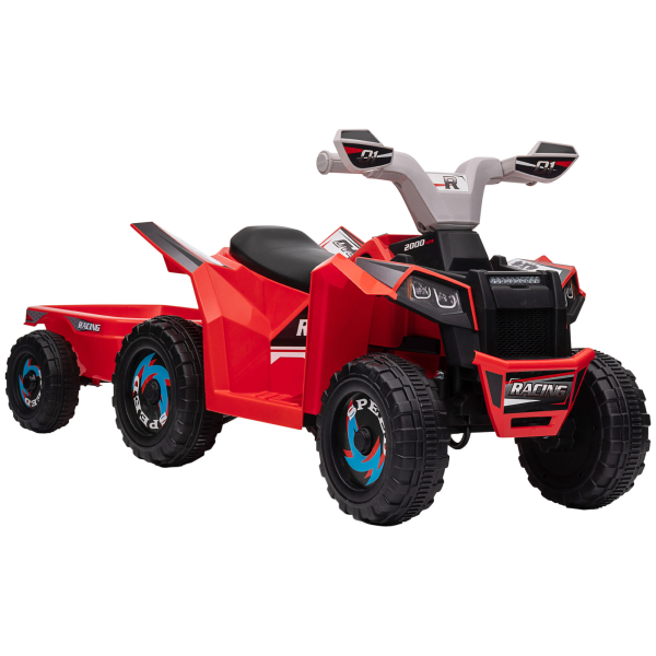 HOMCOM Quadriciclo Elétrico para Crianças com Reboque Bateria 6V de 18-36 Meses com Velocidade 2,5 km/h 106x41,5x48,5 cm Vermelho