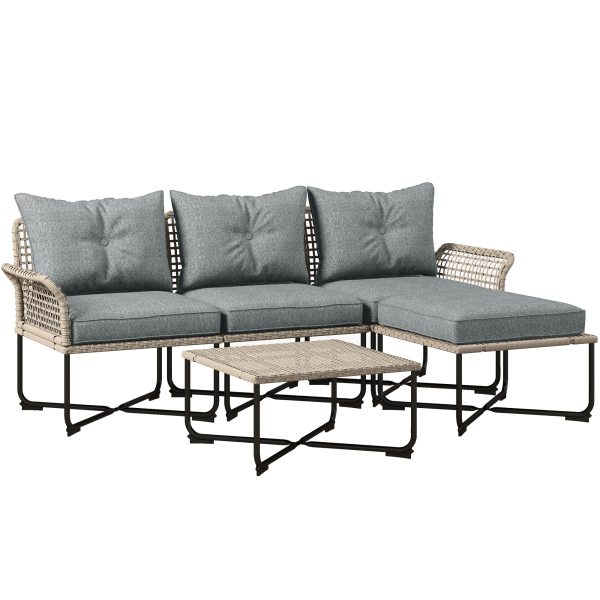 Outsunny Conjunto de Jardim em Vime Sintético Conjunto de Móveis de Exterior com Sofá de 4 Módulos 1 Mesa de Centro e Almofadas Cinza