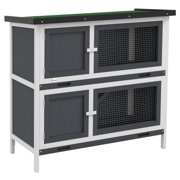 PawHut Coelheira de Madeira de 2 Pisos com Teto Asfáltico Bandejas Amovíveis e Rampa para 2 Coelhos 97x44x91 cm Cinza