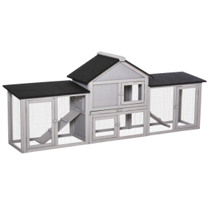 PawHut Coelheira de Exterior Grande Gaiola de Madeira para 2-4 Coelhos com Teto Asfáltico Recinto de Arame Bandeja Removível e Rampas 210x45,5x84,5cm Cinza e Preto