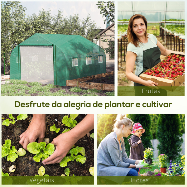 Outsunny Estufa de Túnel 3,5x3x2m Estufa de Jardim com Porta e 6 Janelas Enroláveis de Polietileno Metal Galvanizado para Cultivos de Plantas Flores Verde - Image 7