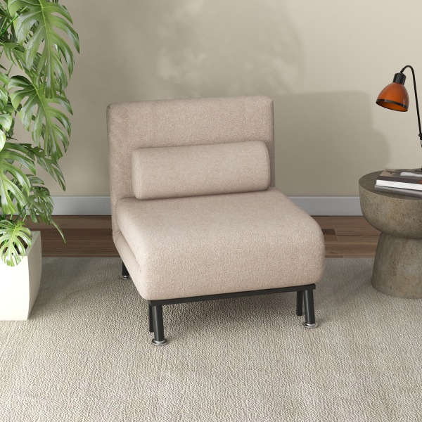 HOMCOM Sofá Cama Individual Dobrável Estofado em Linho com Encosto Ajustável em 5 Níveis e Almofada Acolchoada 75x70x75 cm Bege - Image 2