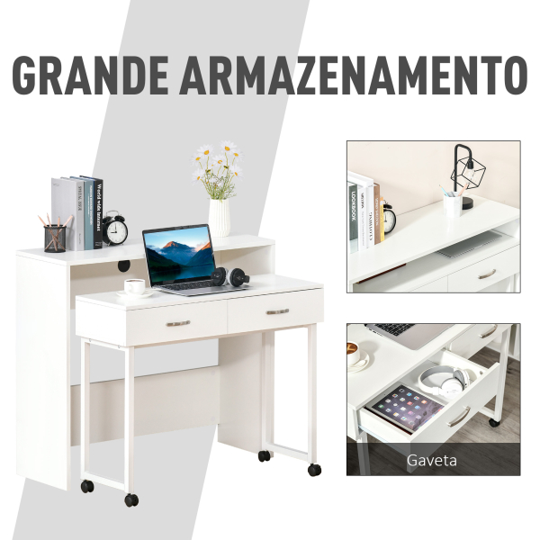 HOMCOM Conjunto de 2 mesas secretária para escritório com rodas 2 gavetas 100x36x88 cm Branco - Image 5