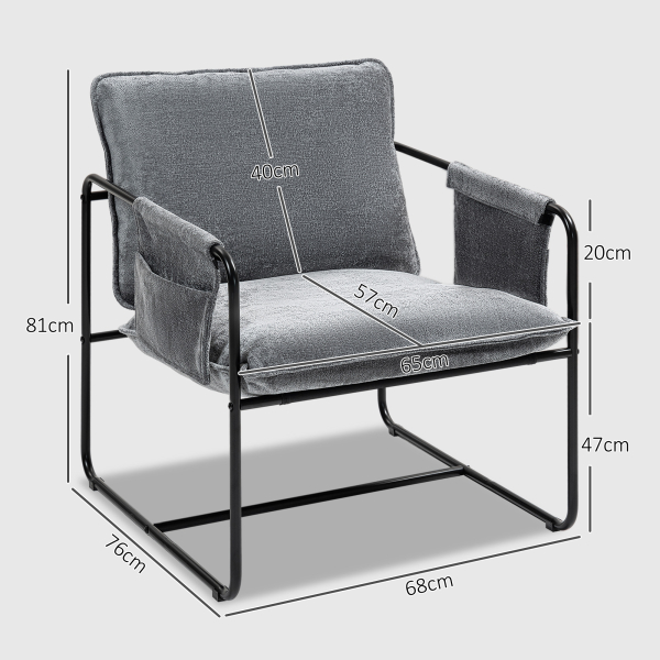 HOMCOM Poltrona Sala de Estar com Apoio para os Braços Bolso Lateral e Estrutura de Aço Poltrona para Dormitório 68x76x81 cm Cinza - Image 3