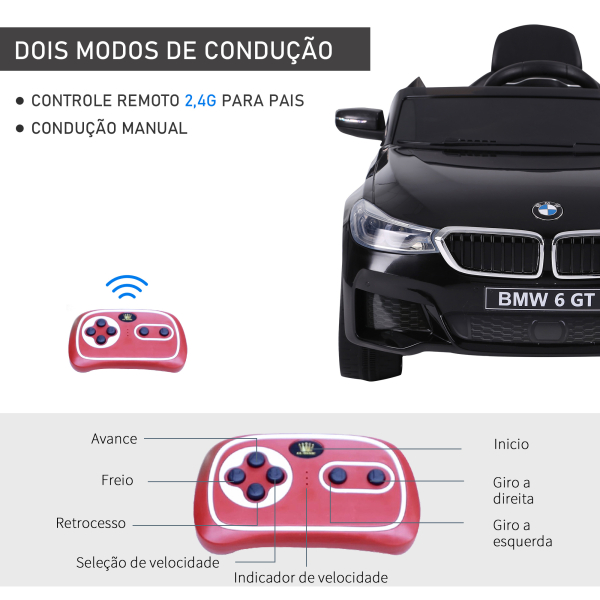 HOMCOM Carro elétrico para criança BMW 6GT para criança de 3-6 anos com controle remoto Carga 30 kg 106x64x51cm Preto - Image 7
