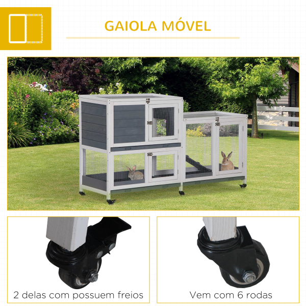 PawHut Coelheira de Madeira com Rodas 147x45,5x88,5cm Gaiola para Coelhos de 2 Níveis com Teto Abatível 2 Cercados de Metal 3 Bandejas Removíveis 3 Portas com Trava e Rampa Cinza - Image 7