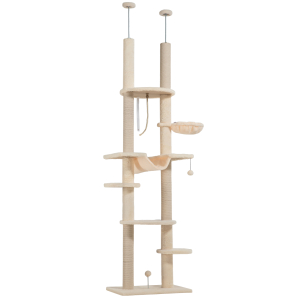 PawHut Arranhador para Gatos do Chão ao Teto 225-255 cm com 7 Níveis Rede Plataformas Postes de Arranhar  Bege e Cinza