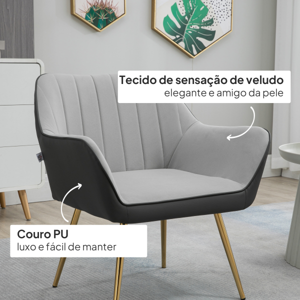 HOMCOM Poltrona de Sala de Estar Estofada em Couro Sintético e Veludo com Apoios para os Braços Pés Dourados 64x62x72,5 cm Cinza - Image 4