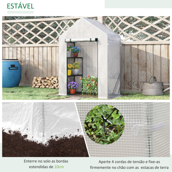 Outsunny Estufa de Jardim 143x73x195cm Estufa de Aço com 2 Prateleiras e Porta Enrolável para Cultivos de Plantas Vasos de Flores Pátio Exterior Branco - Image 6
