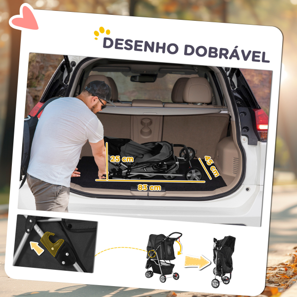 PawHut Carrinho para Animais de Estimação Dobrável com Rodas Giratórias Cesto e Suporte para Copos 75x45x97 cm Preto - Image 5