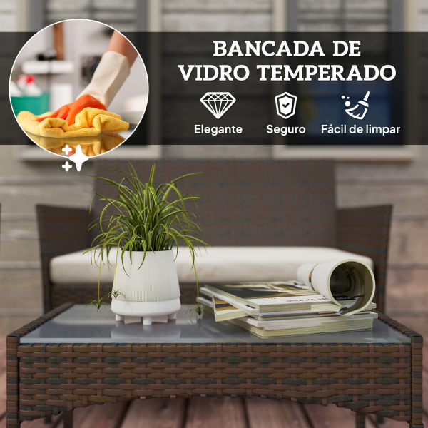 Outsunny Conjunto de Jardim em Vime com Almofadas Móveis de Exterior com 2 Poltronas Sofá de 2 Lugares Mesa com Vidro Marrom e Bege - Image 7