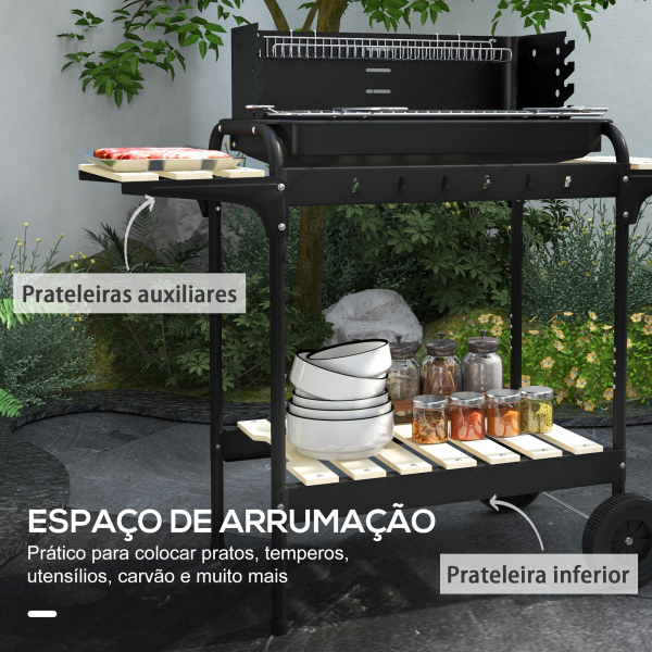 Outsunny Barbecue a Carvão com Rodas Portátil com Grelha Ajustável em Altura para Piquenique Campismo 103x47x95 cm Preto - Image 6