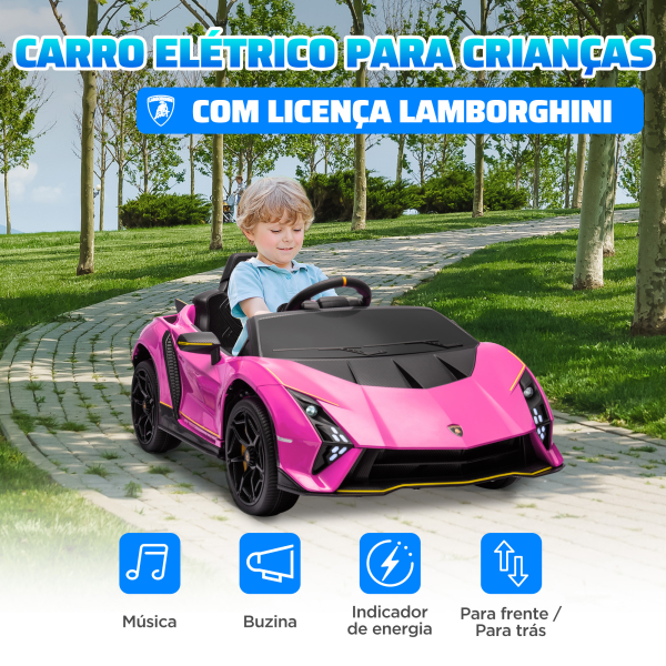 AIYAPLAY Carro Elétrico para Crianças Lamborghini 12V Controlo Remoto Faróis Buzina Arranque Lento e Música MP3 114,5x64x45,5 cm Rosa - Image 4
