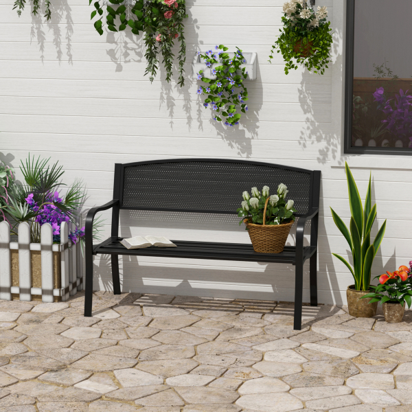 Outsunny Banco de Jardim de 2 Lugares Banco de Exterior com Encosto de Malha de Aço para Pátio Varanda 127x60x87 cm Preto - Image 2