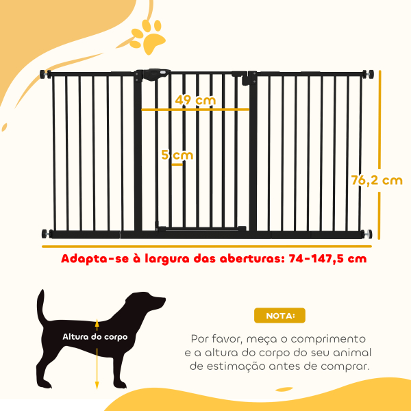 PawHut Barreira de Segurança Extensível para Portas e Escadas com Fechamento Automático e Sistema de Duplo Bloqueio 74-147,5x76,2 cm Preto - Image 3