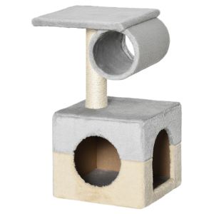 PawHut Árvore Arranhador para Gatos com Poste de Sisal Caverna de Pelúcia Suave Plataforma e Cilindro 31x31x58 cm Cinza e Bege
