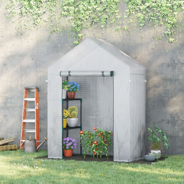 Outsunny Estufa de Jardim 143x73x195cm Estufa de Aço com 2 Prateleiras e Porta Enrolável para Cultivos de Plantas Vasos de Flores Pátio Exterior Branco - Image 2