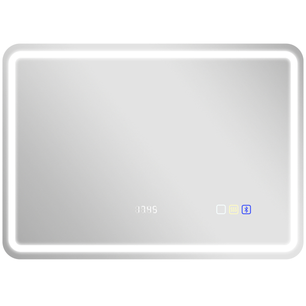 HOMCOM Espelho de Casa de Banho com Luz LED 70x50 cm Bluetooth 3 Cores de Luz Relógio Digital Função Antiembaciamento Memória Prata