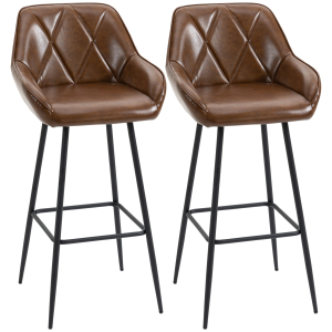 HOMCOM Conjunto de 2 Bancos Altos Estofados em PU com Encosto Alto Pés de Aço e Apoio para os Pés 50x47,5x102,5cm Marrom