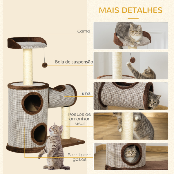 PawHut Árvore Arranhador para Gatos Médios Altura 104cm Torre de Escalada para Gatos com Barril Arranhador Plataforma Superior Túnel Poste de Sisal e Bola Suspensa 75x39x104cm Marrom - Image 5